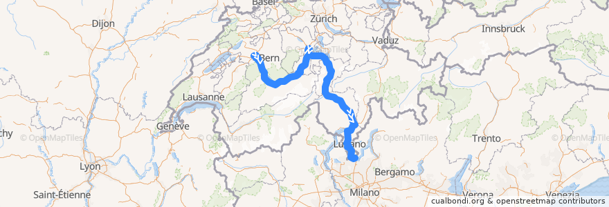 Mapa del recorrido Flixbus 477: Bern, Car-Terminal Neufeld => Mailand, Lampugnano de la línea  en Schweiz/Suisse/Svizzera/Svizra.