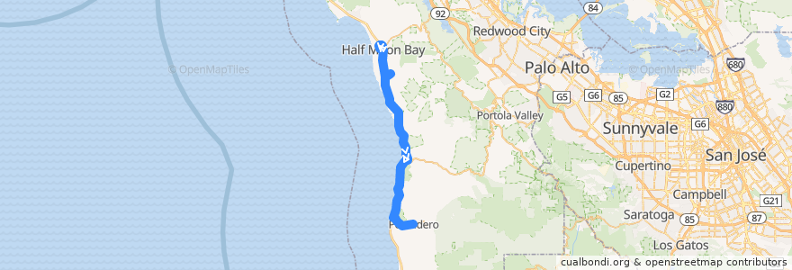 Mapa del recorrido SamTrans 17: Main & Lewis Foster => Moonridge Apartments => Pescadero (mornings) de la línea  en San Mateo County.