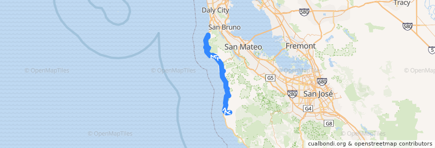 Mapa del recorrido SamTrans 17: Pescadero => Moonridge Apartments => Sunshine Valley => Linda Mar (evenings) de la línea  en San Mateo County.