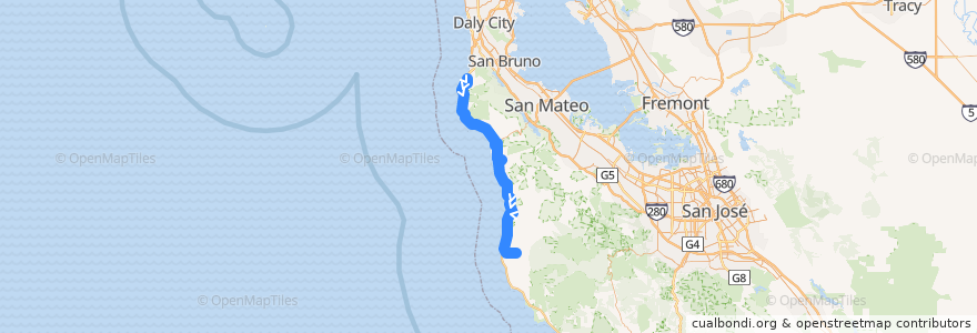 Mapa del recorrido SamTrans 17: Linda Mar => Seton Coastside => Moonridge Apartments => Pescadero (evenings) de la línea  en San Mateo County.