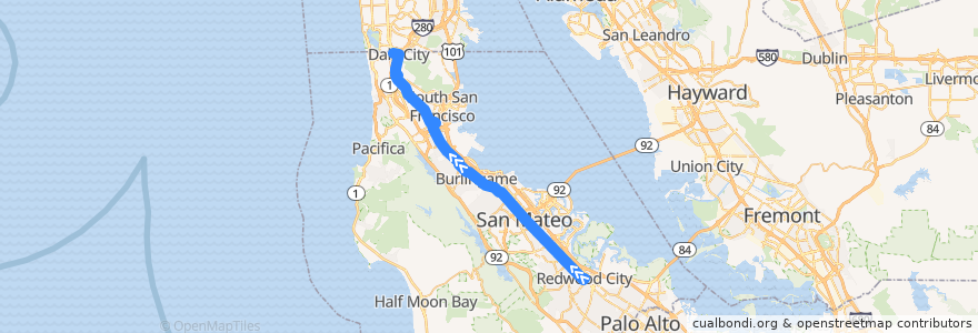 Mapa del recorrido SamTrans ECR Rapid: Redwood City Transit Center => Daly City BART de la línea  en San Mateo County.