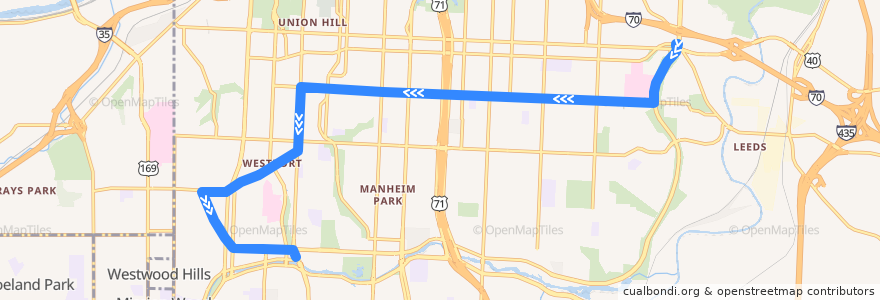 Mapa del recorrido Bus 35: 31st and VanBrunt → Country Club Plaza de la línea  en Kansas City.