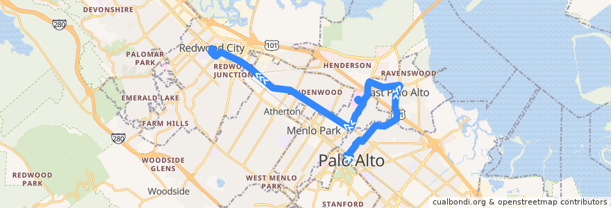 Mapa del recorrido SamTrans 296: Palo Alto Transit Center => Redwood City Transit Center (late nights) de la línea  en San Mateo County.