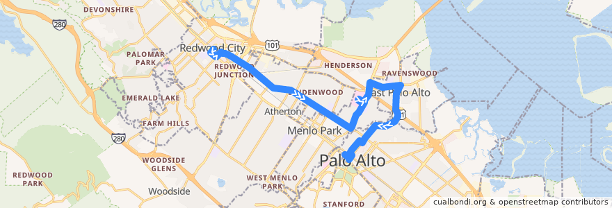 Mapa del recorrido SamTrans 296: Redwood City Transit Center => Palo Alto Transit Center (late nights) de la línea  en San Mateo County.