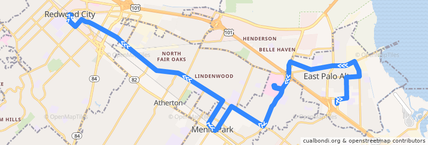 Mapa del recorrido SamTrans 296: Bayshore & Donohoe => Menlo Park Caltrain => Redwood City Transit Center de la línea  en San Mateo County.