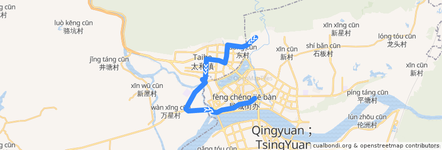 Mapa del recorrido 清远301路公交（田心村→太阳岛） de la línea  en Qingyuan City.