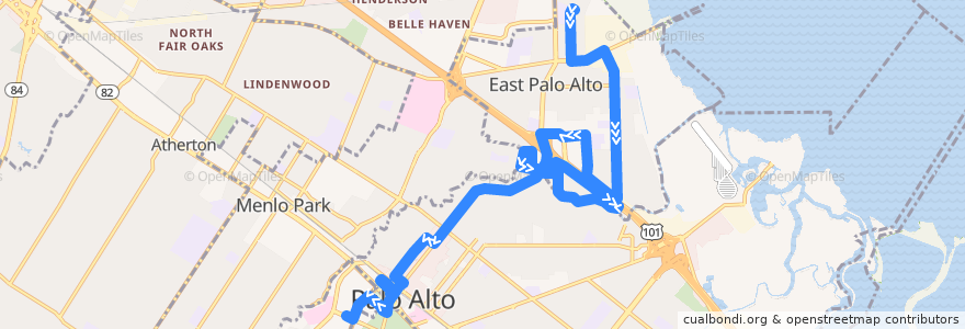 Mapa del recorrido SamTrans 280: Purdue & Fordham => Stanford Shopping Center de la línea  en San Mateo County.