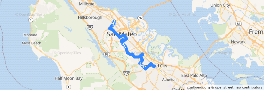 Mapa del recorrido SamTrans 295: San Mateo Caltrain => Redwood City Transit Center de la línea  en San Mateo County.
