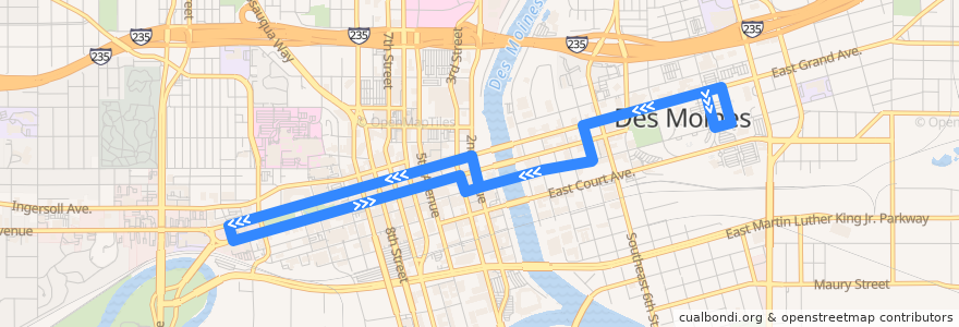 Mapa del recorrido DART Shuttle Route 42 D-Line Downtown Shuttle de la línea  en Des Moines.