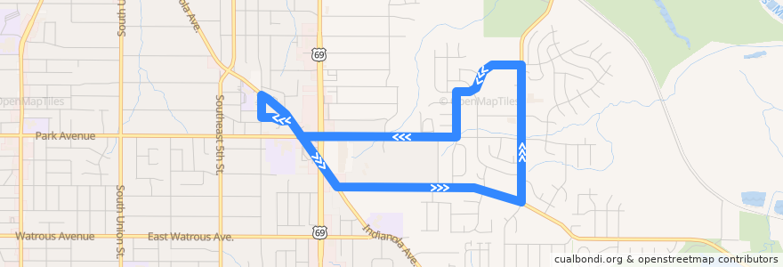 Mapa del recorrido DART Local Route 13 Southeast Park Avenue de la línea  en Des Moines.