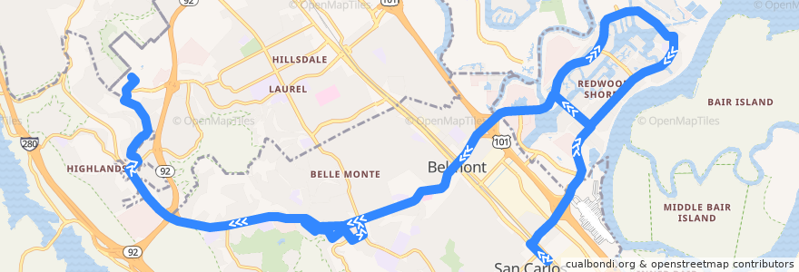 Mapa del recorrido SamTrans 260: San Carlos Caltrain => College of San Mateo de la línea  en San Mateo County.