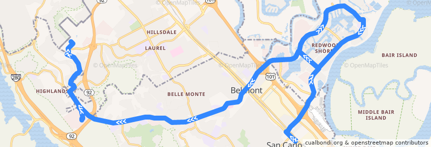 Mapa del recorrido SamTrans 260: San Carlos Caltrain => Gateway Community School => College of San Mateo (am) de la línea  en San Mateo County.