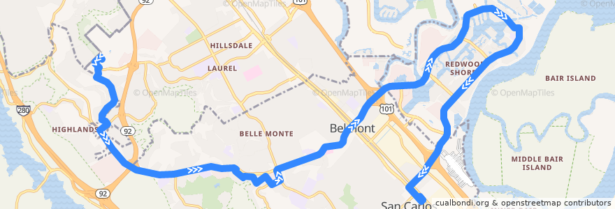 Mapa del recorrido SamTrans 260: College of San Mateo => San Carlos Caltrain de la línea  en San Mateo County.