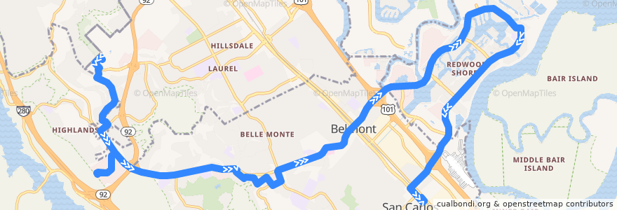 Mapa del recorrido SamTrans 260: College of San Mateo => Youth Detention Center => San Carlos Caltrain (pm) de la línea  en San Mateo County.