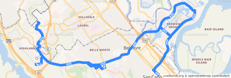 Mapa del recorrido SamTrans 260: San Carlos Caltrain => Youth Detention Center => College of San Mateo (am) de la línea  en 圣马刁县.