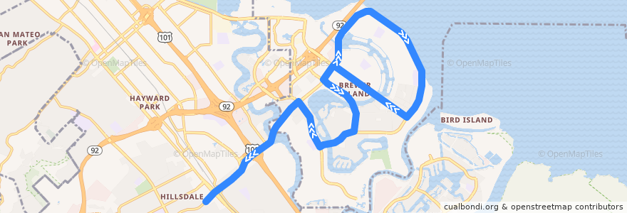 Mapa del recorrido SamTrans 256: Foster City => Hillsdale Shopping Center de la línea  en San Mateo County.