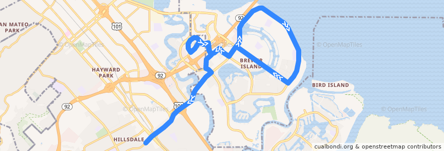 Mapa del recorrido SamTrans 251: Foster City => Hillsdale Shopping Center de la línea  en San Mateo County.