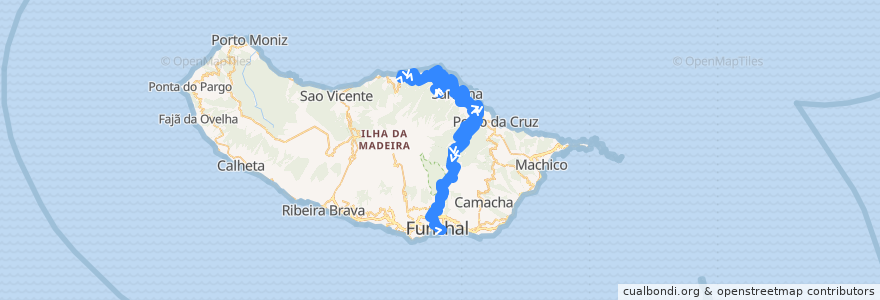 Mapa del recorrido HF 103: Arco de São Jorge -> Funchal (via Ilha, Parque TM, Santo António, São Roque do Faial, Ribeiro Frio) de la línea  en Portugal (águas territoriais).