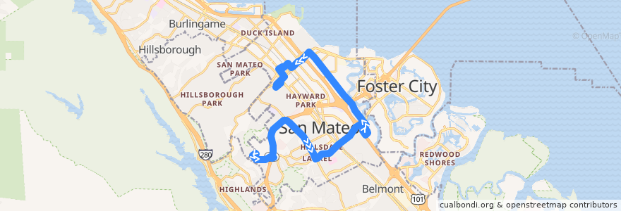 Mapa del recorrido SamTrans 250: College of San Mateo => 5th Avenue & El Camino de la línea  en San Mateo.