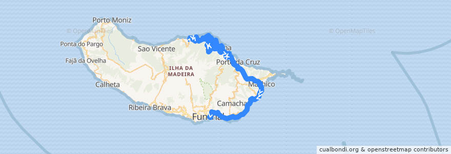 Mapa del recorrido HF 103: Arco de São Jorge -> Funchal (via rápida)(via Ilha, Santo António, Machico) de la línea  en Portugal (águas territoriais).