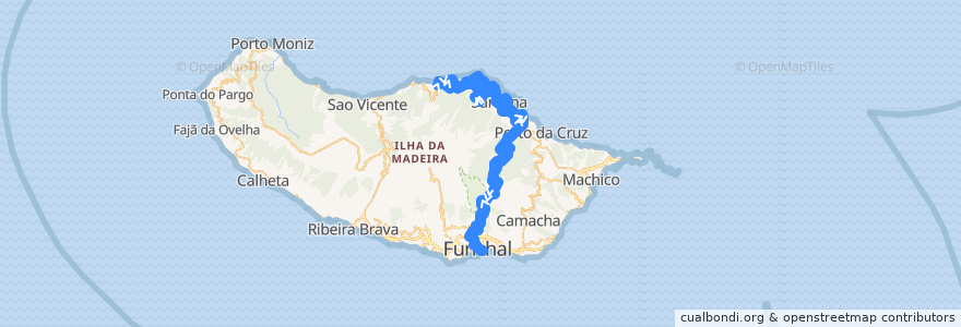 Mapa del recorrido HF 103: Arco de São Jorge -> Funchal (via Ilha, Parque TM, Santo António, Ribeiro Frio) de la línea  en Portugal (águas territoriais).