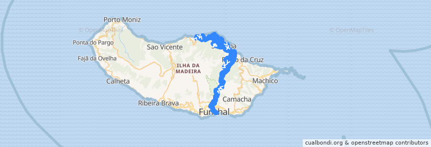 Mapa del recorrido HF 103: Arco de São Jorge -> Funchal (via Ilha, Silveira, Santo António, Lombo Galego, São Roque do Faial, Ribeiro Frio) de la línea  en Portugal (águas territoriais).