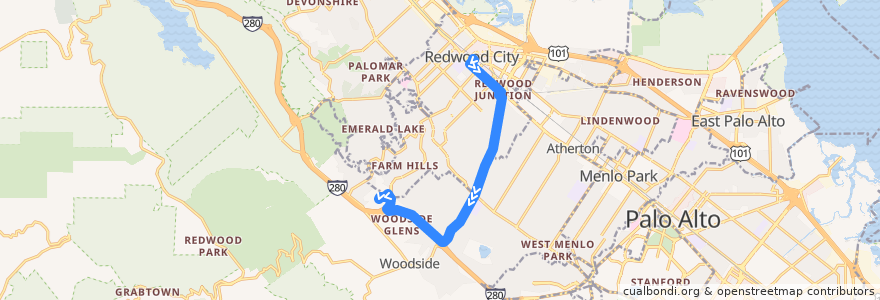 Mapa del recorrido SamTrans 278: Redwood City Transit Center => Cañada College (am Saturdays) de la línea  en San Mateo County.