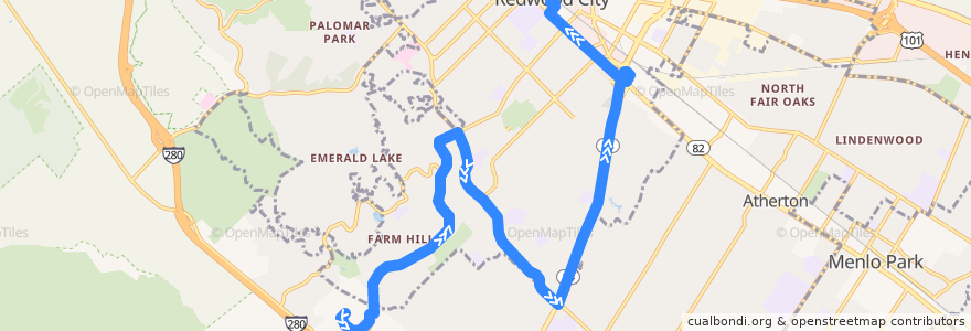 Mapa del recorrido SamTrans 278: Cañada College => Jefferson & Alameda => Redwood City Transit Center (am Saturdays) de la línea  en Redwood City.