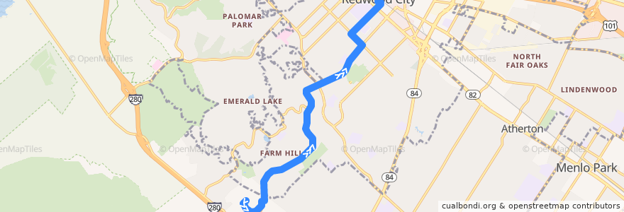 Mapa del recorrido SamTrans 274: Cañada College => Redwood City Transit Center de la línea  en Redwood City.