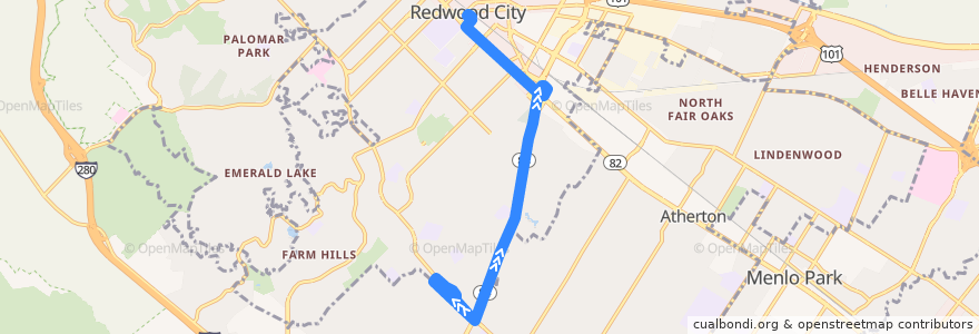 Mapa del recorrido SamTrans 275: Alameda & Woodside => Redwood City Transit Center de la línea  en Redwood City.