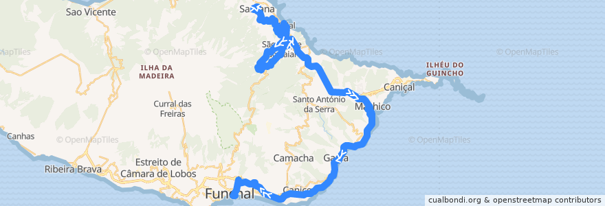 Mapa del recorrido HF 56: Santana Parque TM -> Funchal (via rápida)(via São Roque do Faial, Machico) de la línea  en Portugal (águas territoriais).