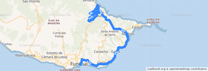 Mapa del recorrido HF 56: Lombo Galego -> Funchal (via rápida)(via Fajã da Murta, São Roque do Faial, Machico) de la línea  en Portugal (águas territoriais).