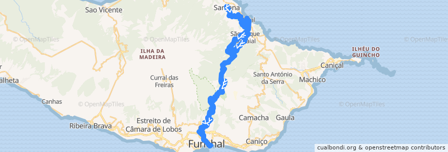 Mapa del recorrido HF 56: Santana -> Funchal (via São Roque Faial, Ribeiro Frio) de la línea  en Portugal (águas territoriais).