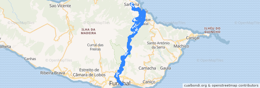 Mapa del recorrido HF 56: Santana -> Funchal (via Lombo Galego, São Roque Faial, Ribeiro Frio) de la línea  en Portugal (águas territoriais).