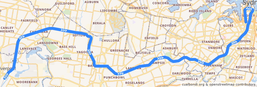 Mapa del recorrido Bankstown Line de la línea  en Sydney.