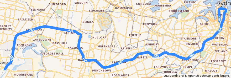 Mapa del recorrido Bankstown Line de la línea  en Sydney.