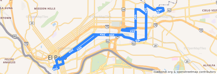 Mapa del recorrido Sun Metro Route 21 Chelmont via Raynolds de la línea  en El Paso.