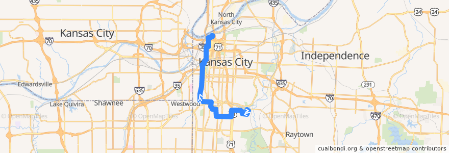 Mapa del recorrido Bus 55: Blue Parkway & Kensington → River Market de la línea  en Kansas City.