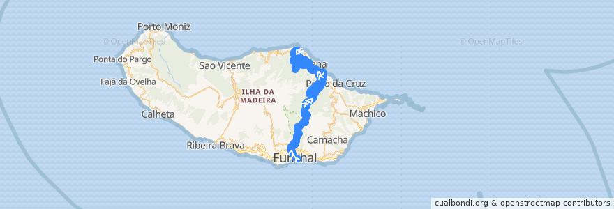 Mapa del recorrido HF 138: Funchal -> São Jorge (via Ribeiro Frio, São Roque do Faial, Silveira, Ilha) de la línea  en Portugal (águas territoriais).