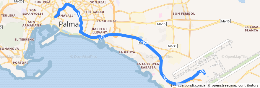 Mapa del recorrido Bus 1P: Aeroport → Passeig Mallorca de la línea  en Palma.