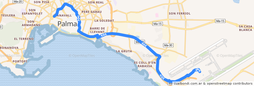 Mapa del recorrido Bus 1P: Aeroport → Passeig Mallorca (per Àrea de Serveis) de la línea  en Palma.