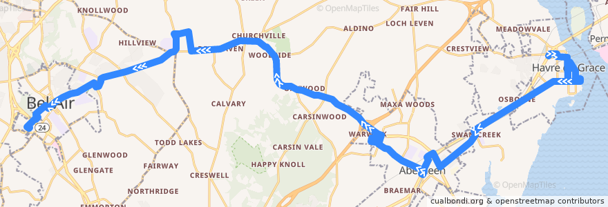 Mapa del recorrido Harford Transit LINK Bus Route 1 Green Line (West) de la línea  en Harford County.