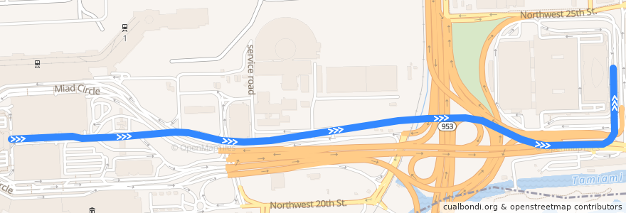 Mapa del recorrido MIA Mover (MIC->Airport) de la línea  en Comté de Miami-Dade.