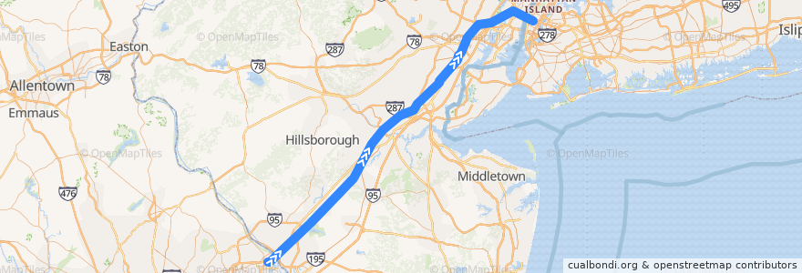 Mapa del recorrido NJ Transit Northeast Corridor Line: Trenton => New York de la línea  en نيو جيرسي.