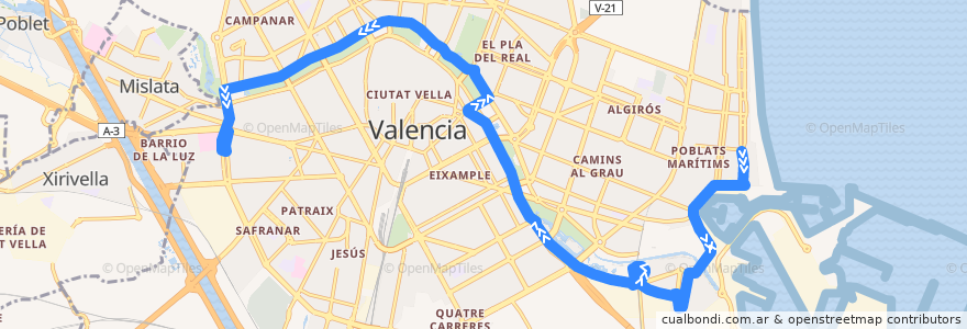 Mapa del recorrido Bus 95: (Verano) Marina Real => Hospital General de la línea  en Comarca de Valencia.