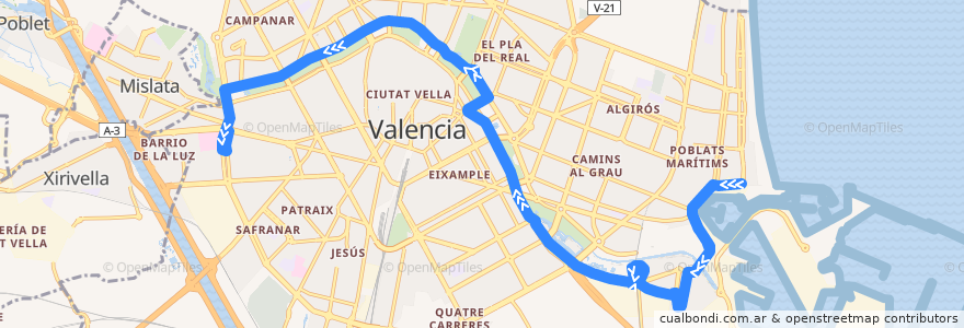 Mapa del recorrido Bus 95: Marina Real => Hospital General de la línea  en Comarca de Valencia.