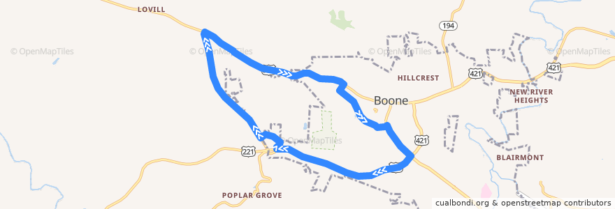 Mapa del recorrido Pop 105 de la línea  en Watauga County.