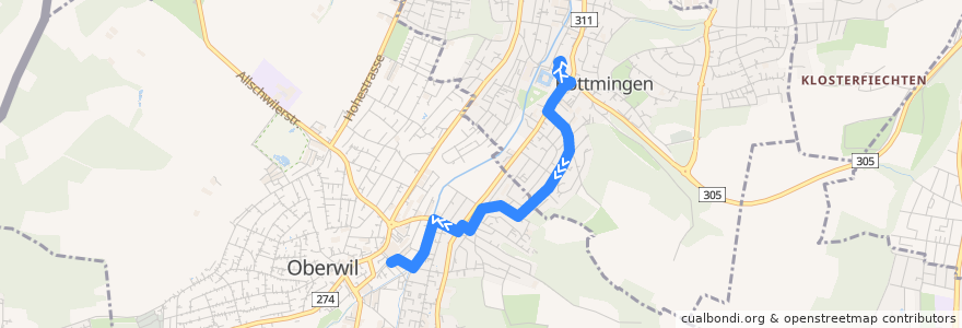 Mapa del recorrido Bus 59: Bottmingen, Schloss => Oberwil BL, Zentrum de la línea  en Арлесхайм.