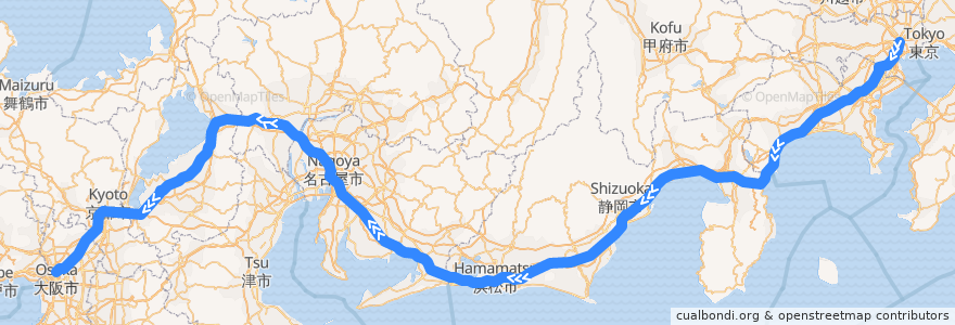 Mapa del recorrido Nozomi: Tokyo - Osaka de la línea  en Giappone.