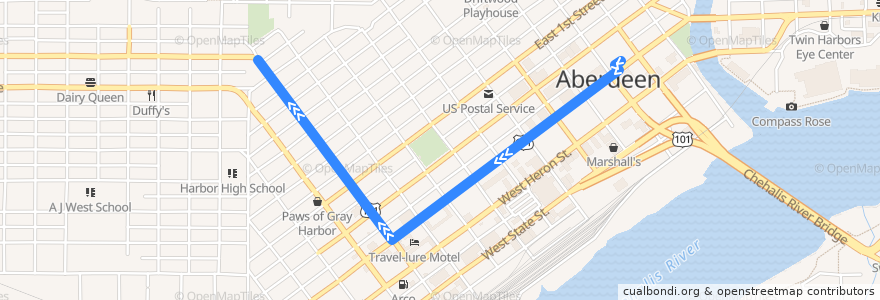 Mapa del recorrido Grays Harbor Transit 20 Aberdeen Transit Center - Hospital - Hoquiam Transit Center de la línea  en Aberdeen.